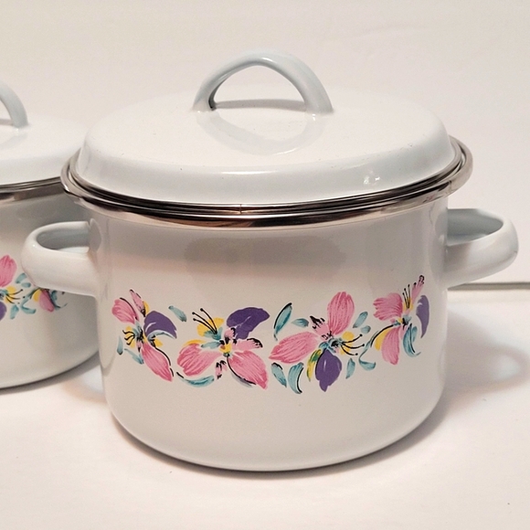 Vintage NEW enamel floral mini stock pots with lids - Picture 6 of 12